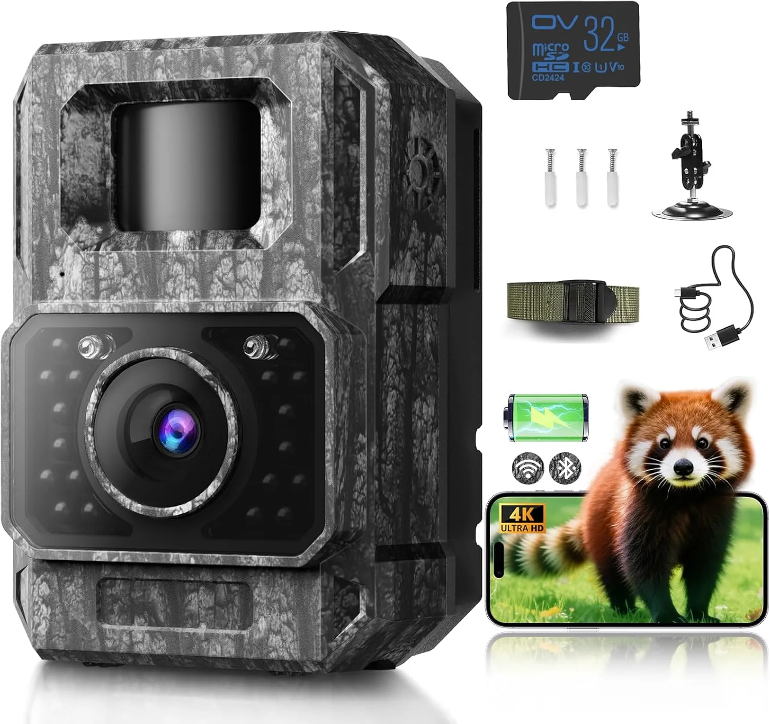 MAXDONE Wildkamera mit Handyübertragung APP - Wildtierkamera 4K 64MP HD mit WLAN Bluetooth Bewegungsmelder Nachtsicht, Wildkamera mit 6000mAh Akku, 0,1s Auslösezeit, 32GB Speicherkarte IP66