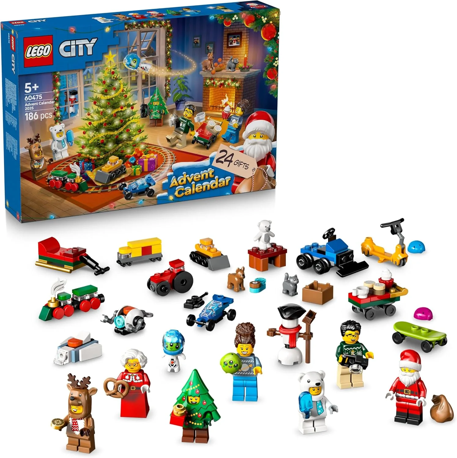 LEGO City Adventskalender 2025 - Weihnachten Spielzeug mit 24 Überraschungen - Zug, Auto & Traktor sowie 7 Minifiguren - Kalender zum Bauen - Geschenk für Jungen und Mädchen ab 5 Jahren – 60475