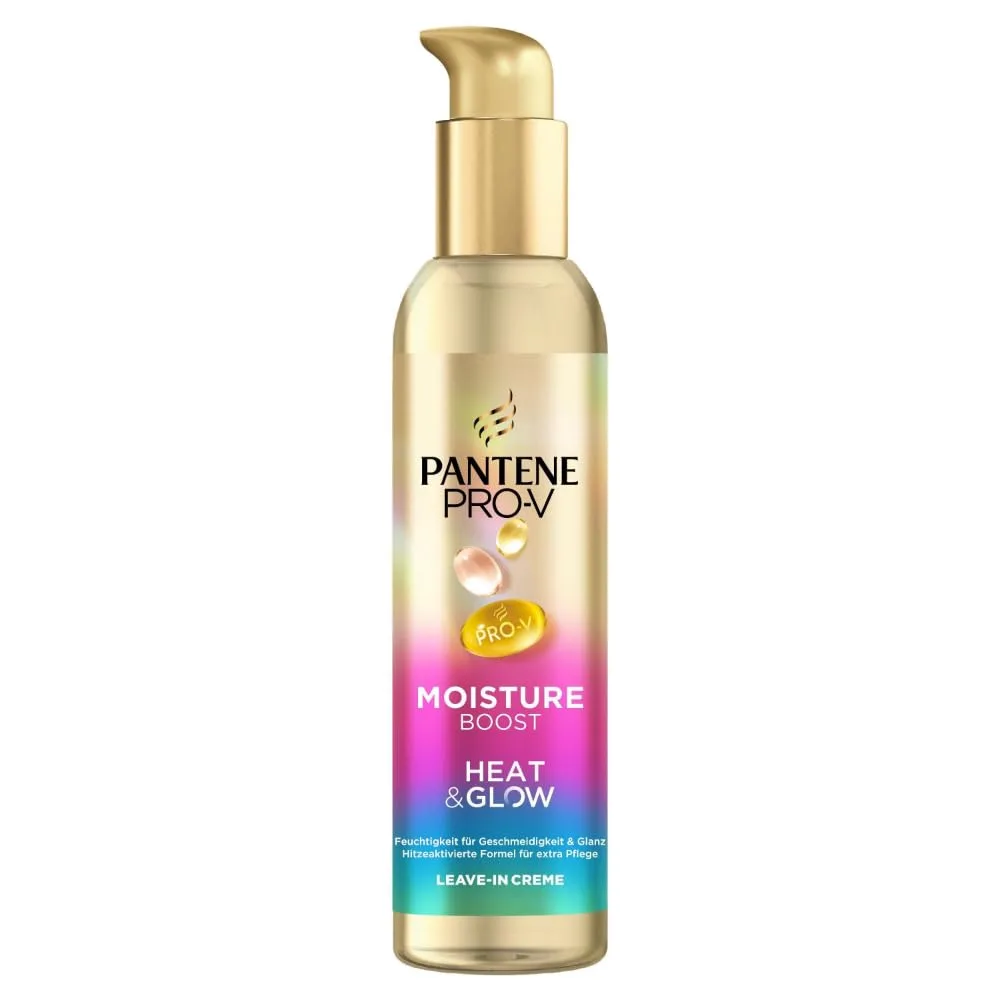 Pantene Pro-V Moisture Boost Heat & Glow Leave-In-Creme 135ml. Schützt vor Luftfeuchtigkeit, Frizz und Hitze. Mit Hitzeaktivierter Pro-V Formel. Anhaltende Weichheit und Glanz Ohne zu Beschweren