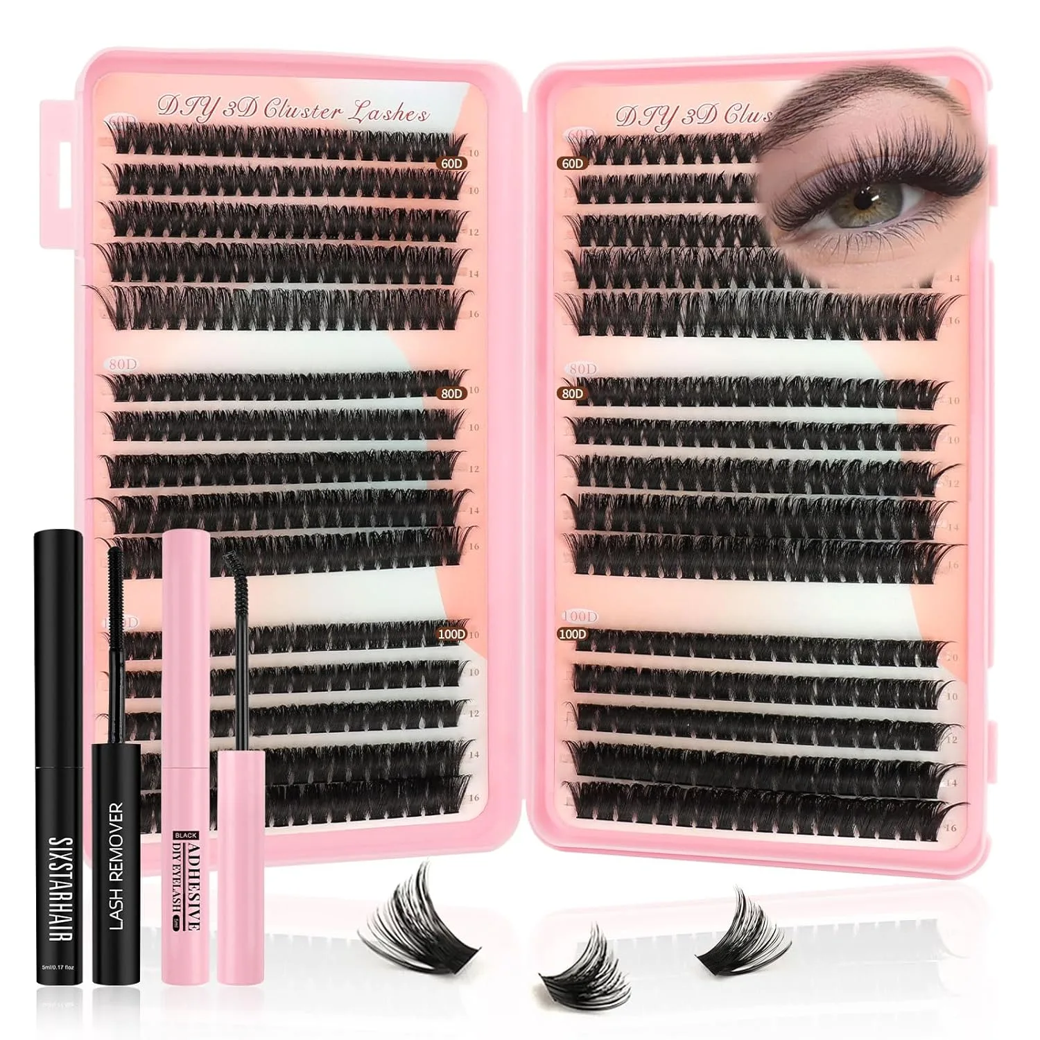 Sixstarhair Einzeln Wimpern 60D 80D 100D Wimpern Extensions Set with Lash Glue and Remover 580 PCS DIY Individual Lashes Extension Set Volume 10-16mm Fake Lashes