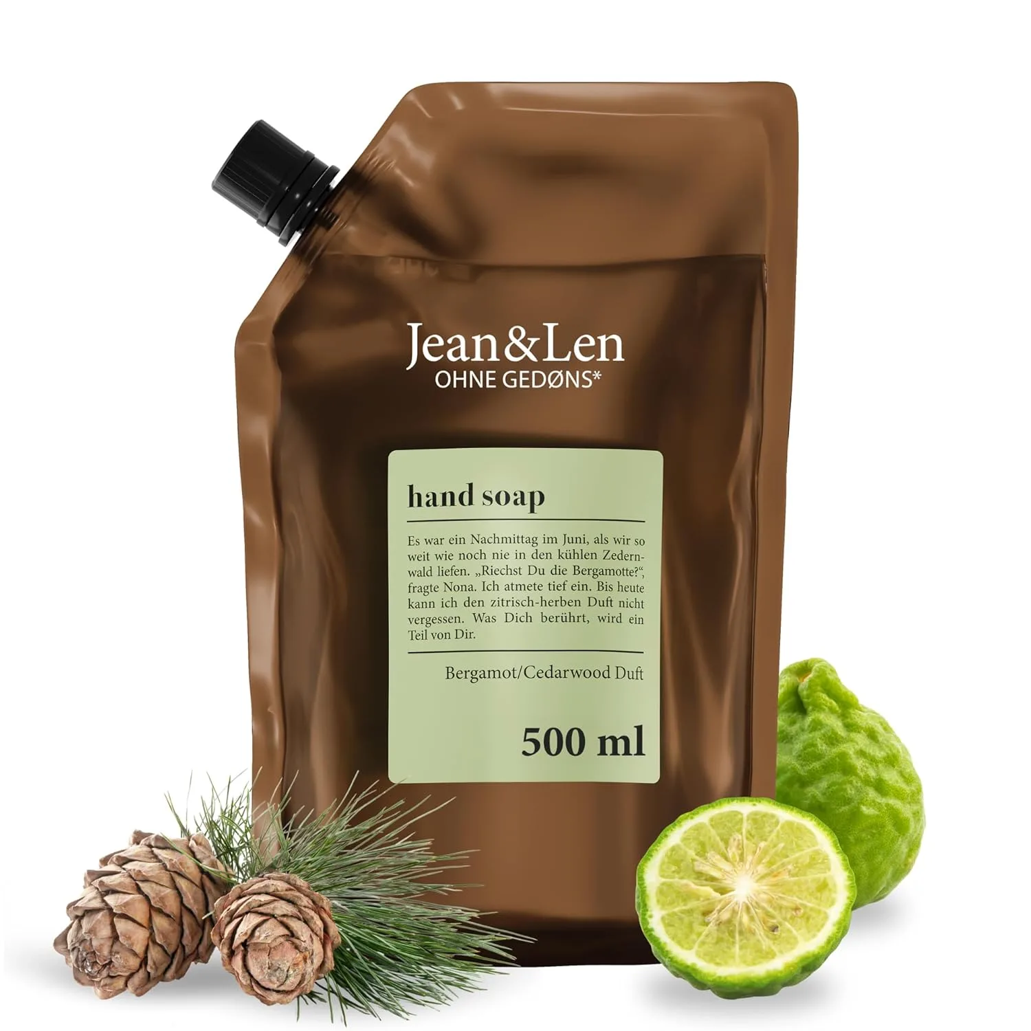 Jean & Len Handseife Bergamot & Cedarwood im Nachfüllpack, reinigt beanspruchte Hände, für die tägliche Anwendung geeignet, erfrischend-zitrischer Duft, Flüssigseife vegan, 500 ml