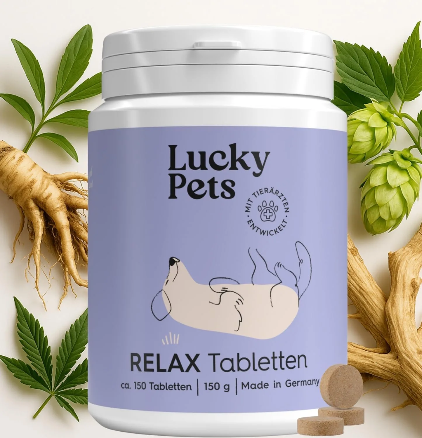 Beruhigungsmittel für Hunde 150 g I Mit L-Tryptophan, Baldrian & Hanfsaat zu natürlicher Gelassenheit | Stress, Angst, Reise, Silvester I Relax Tabletten I Deutscher Hersteller I Lucky Pets