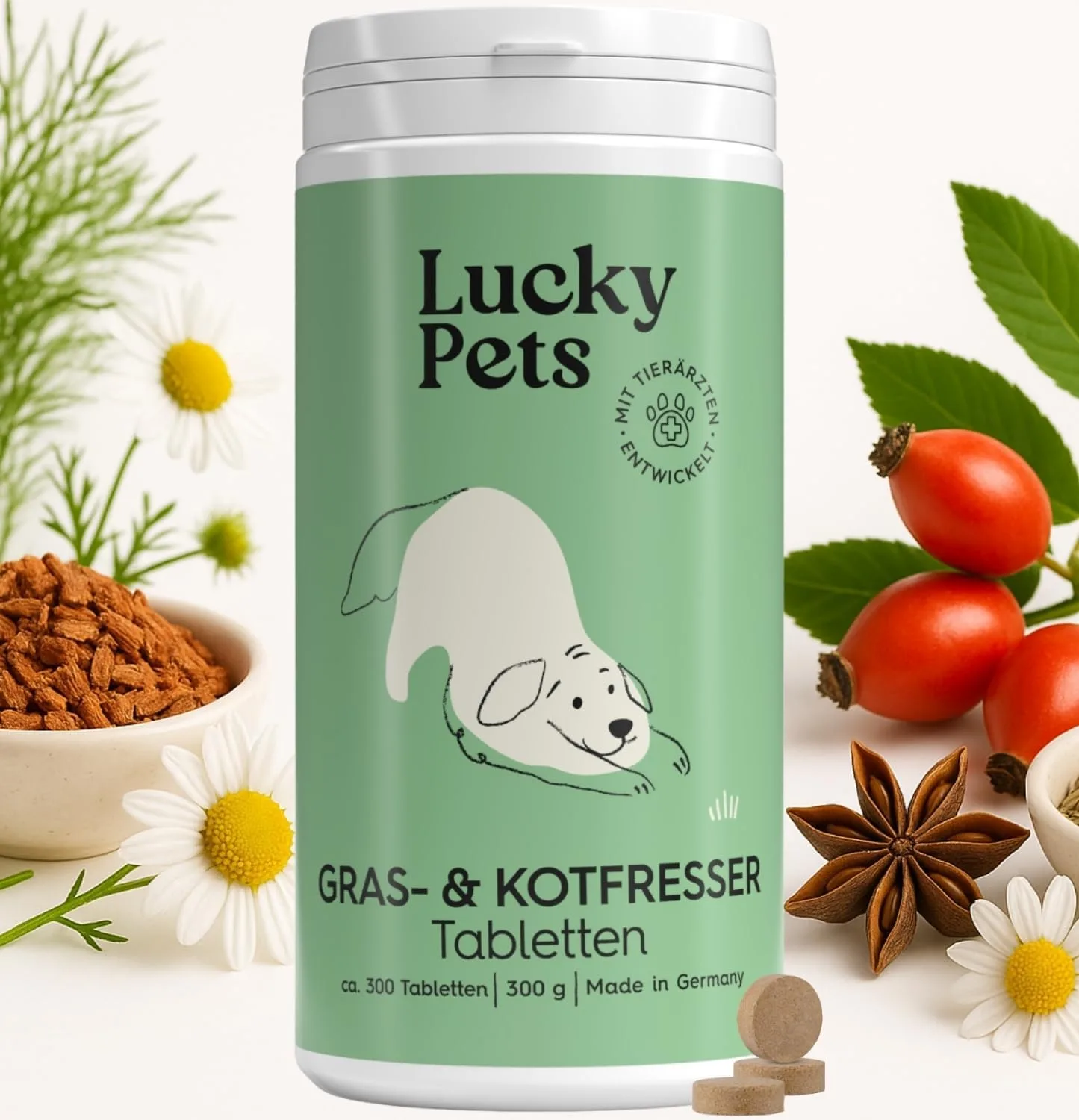 Gras- & Kotfresser Tabletten Hund 300 g I Mit Ulmenrinde, Bentonit & Heilerde I 100% pflanzlich & magenschonend | Bei Gras- & Kotfressen | Deutscher Hersteller I hohe Akzeptanz I Lucky Pets