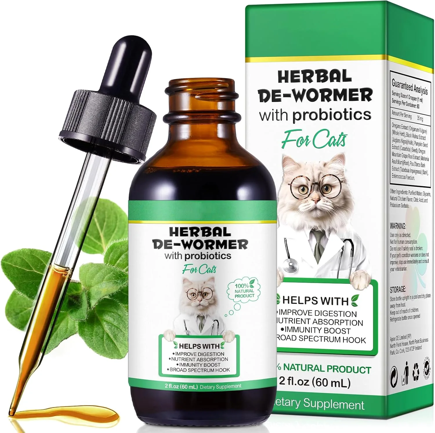 Wurmkur Katze 60ml, Entwurmungsmittel Katzen mit Probitika - Verbesserung der Verdauung, Immunitätsschub, Natürliche Katzenwurmer-Tropfen