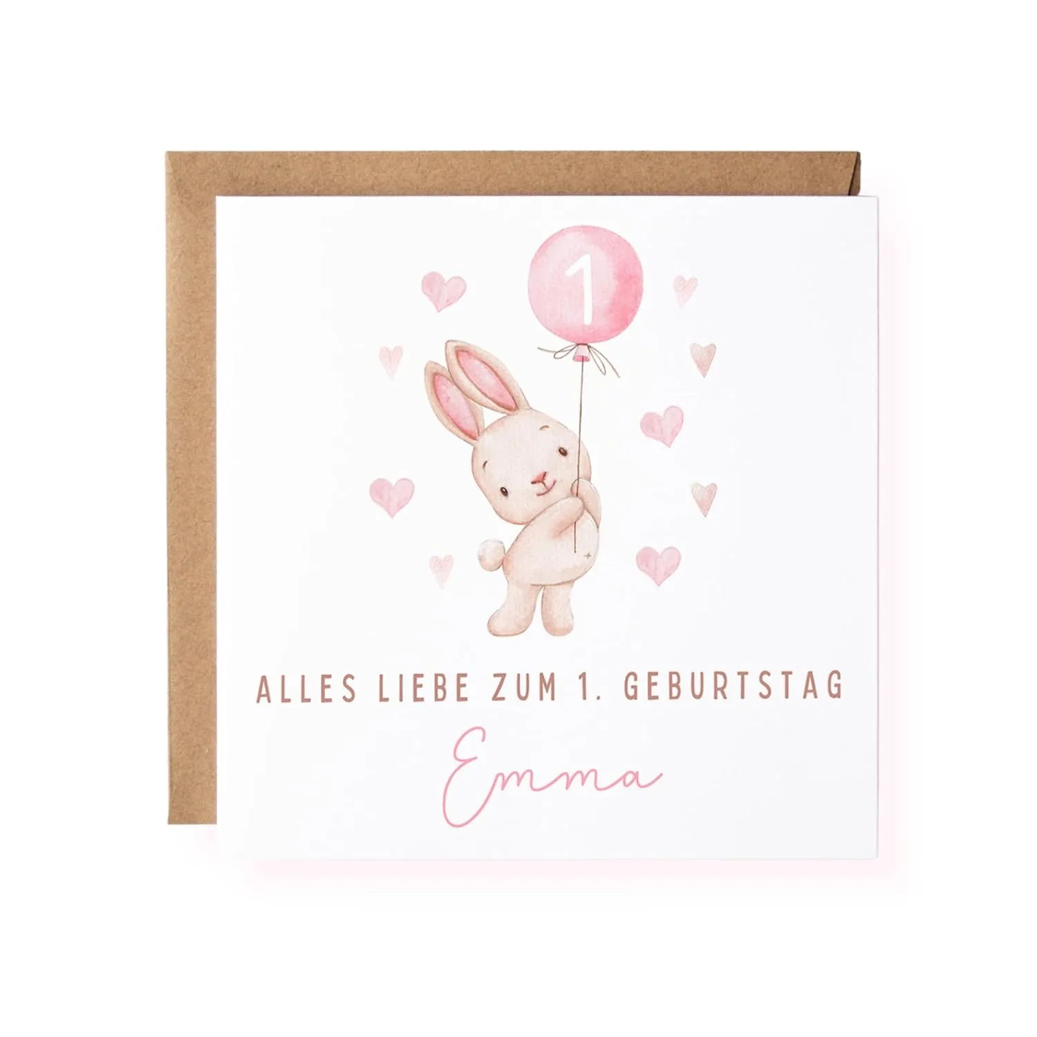 1. Geburtstag Karte/personalisierte Geburtstagskarte Mädchen, Baby/Karte zum 1. Geburtstag/Häschen Karte Ballon/Klappkarte 15x15 cm