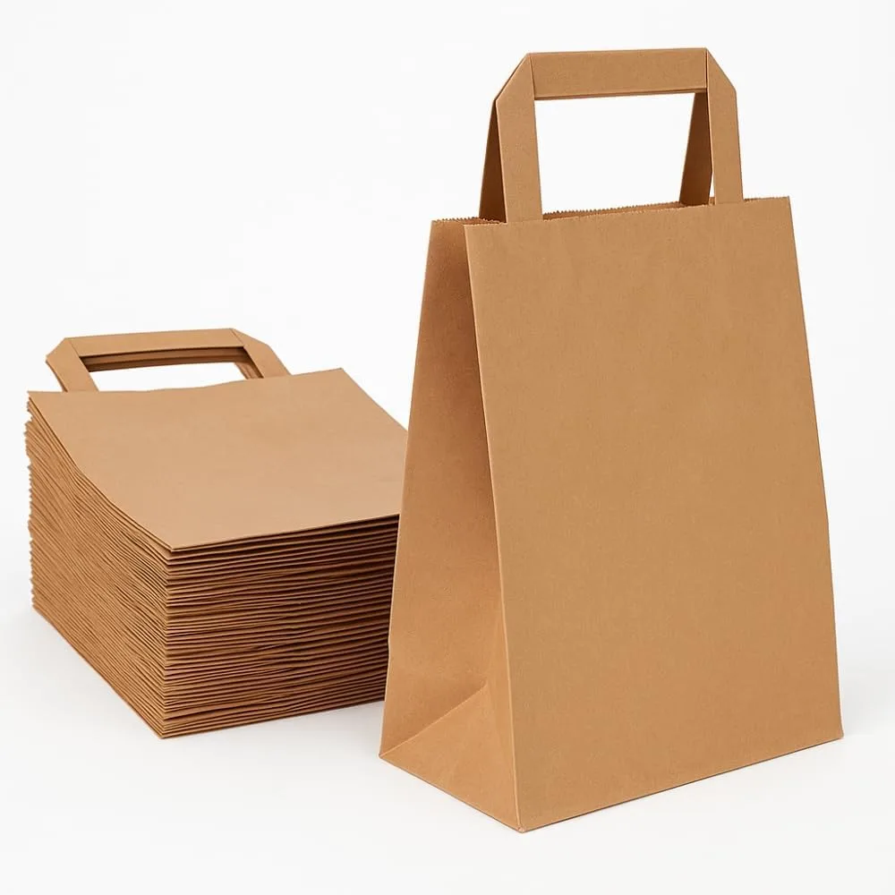 Commerline Papiertragetaschen 22+10x28 cm 250 Stück | Braun Papiertüten | Kraftpapier Tüten mit Henkel | Geschenktüten, Papiertaschen, Papiertüte | Klein