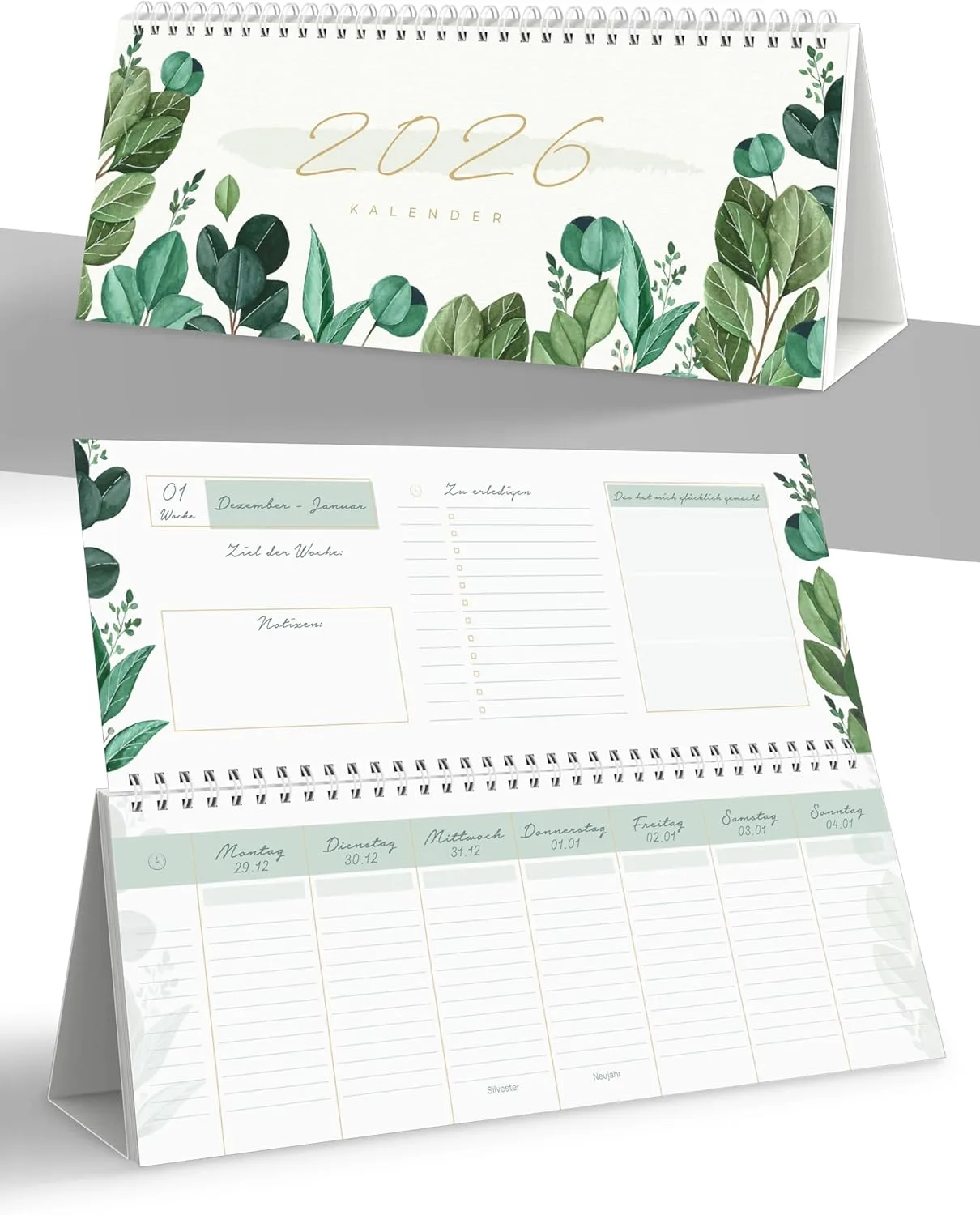 UNITURE® - Ranken Design Tischkalender 2026 quer Wochenkalender 2026, 1 Woche 2 Seiten als Querkalender 2026 Monatskalender - Kalender 2026 Planer mit Monatsansicht Stehkalender