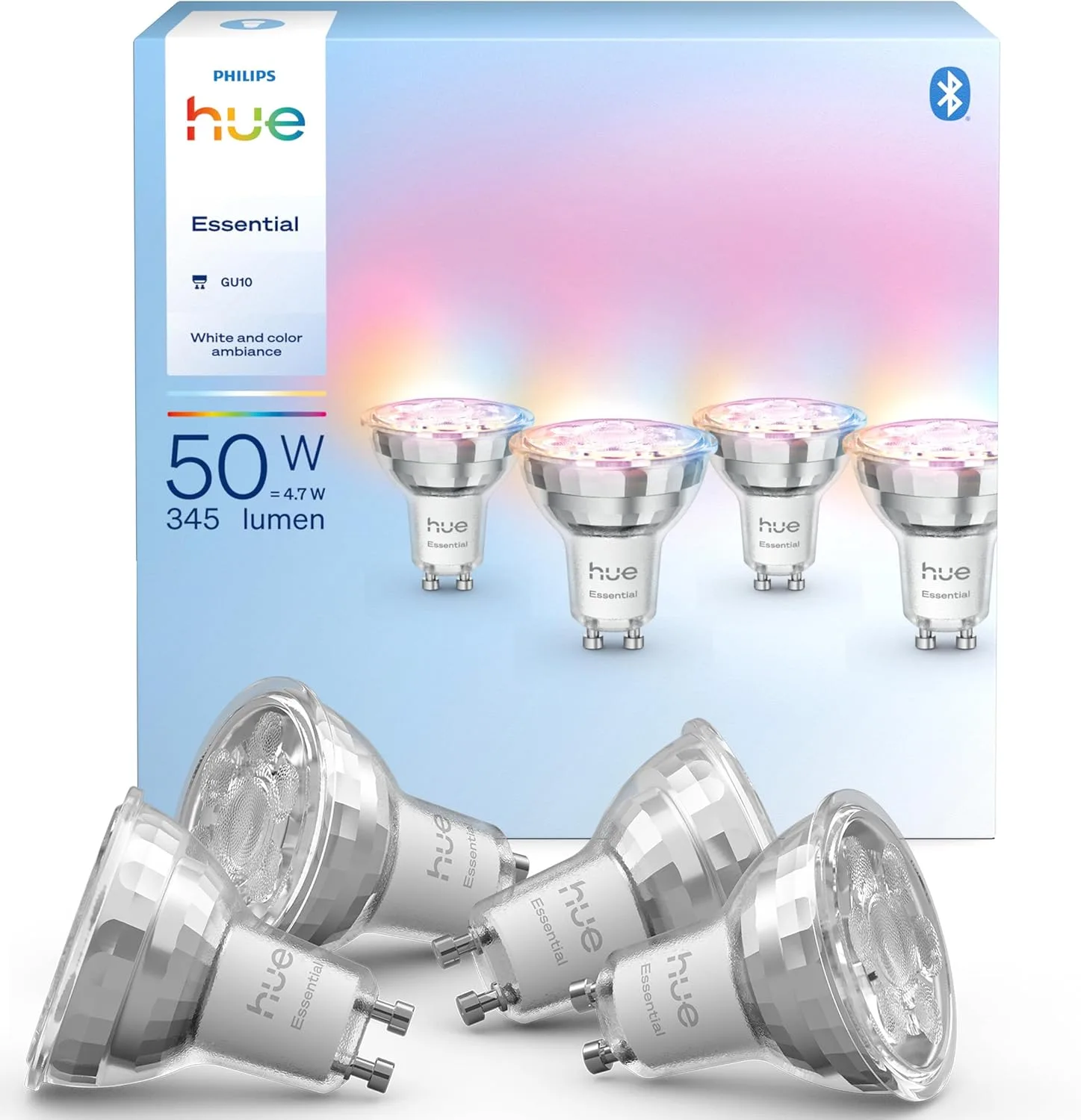 Philips Hue Essential Smart LED GU10 Strahlerlampe, Weiß und Farbig, 4,7 W, 2200K-6500K, 345 Lumen, dimmbar, funktioniert mit Alexa, Google Assistant, und Apple Home, 4 Packung