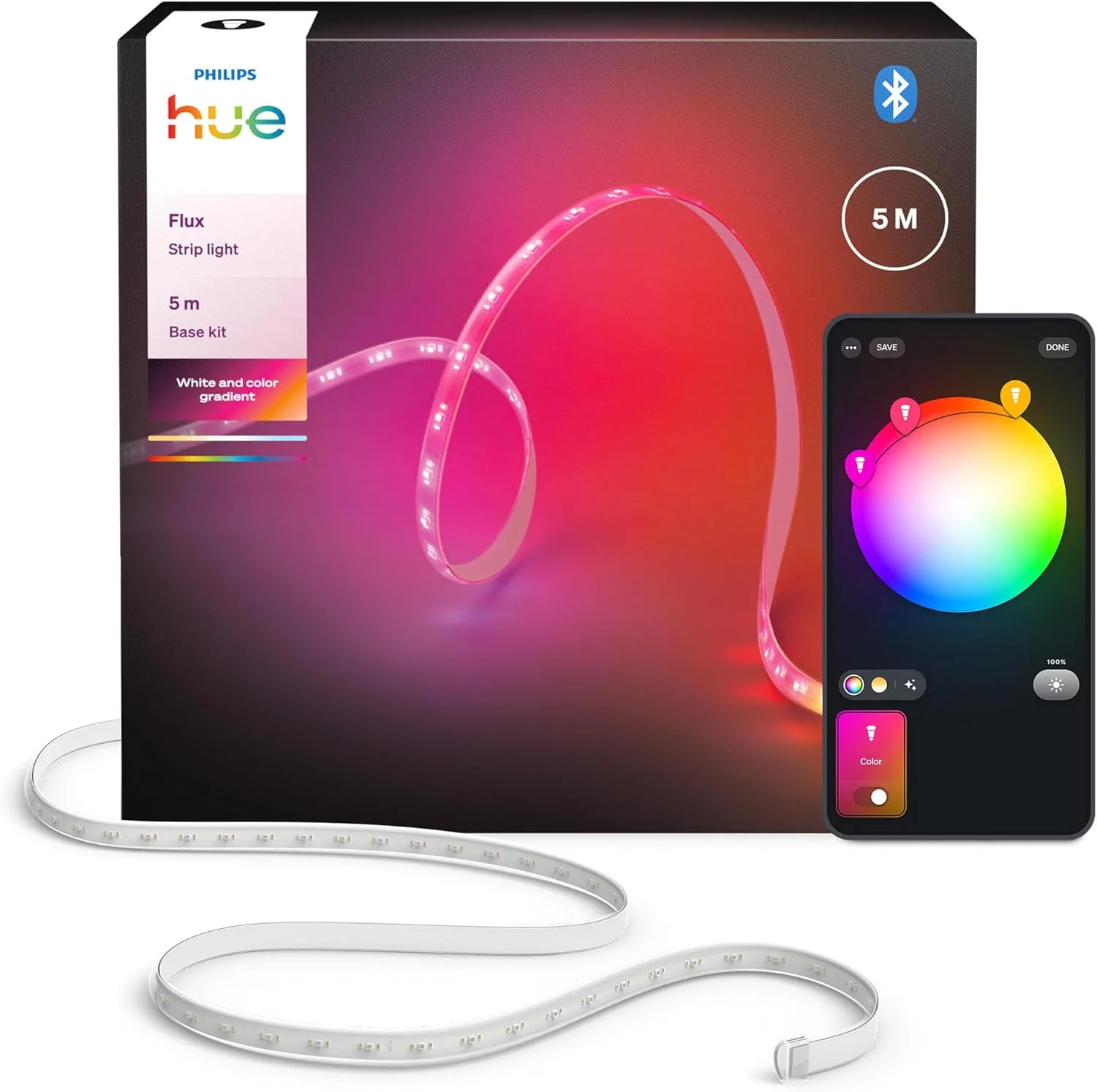 Philips Hue Flux 5m LED-Lightstrip, 1200 lm, lebendige Farben, flexible Innenbeleuchtung, Chromasync™-Farbmischung, RGBWWIC, zuschneidbar, erweiterbar, wiederverwendbar, App- und Sprachsteuerung