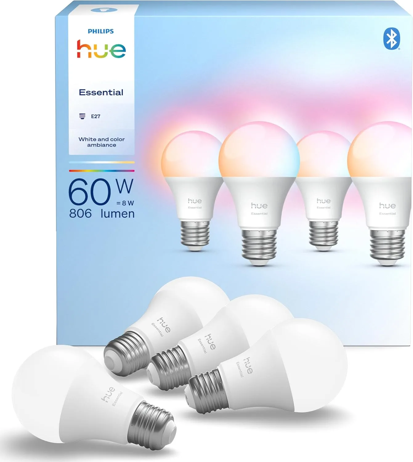 Philips Hue Essential Smart LED A60 Lampe, Weiß und Farbig, E27 Fassung, 8W, 2200K-6500K, 806 Lumen, dimmbar, funktioniert mit Alexa, Google Assistant, und Apple Home, 4er Pack