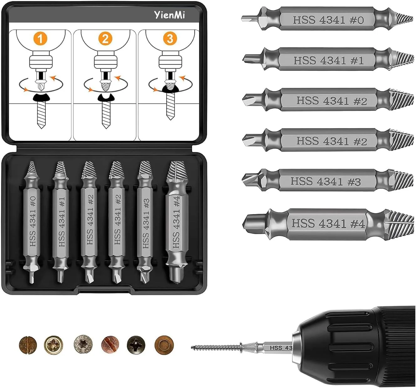 Schraubenausdreher Set 6 Stück, Hergestellt aus HSS 4341, Beschädigte Schraube Entferner Extraktor Set, Schrauben Ausdrehwerkzeug, Zum Entfernen beschädigter Schrauben