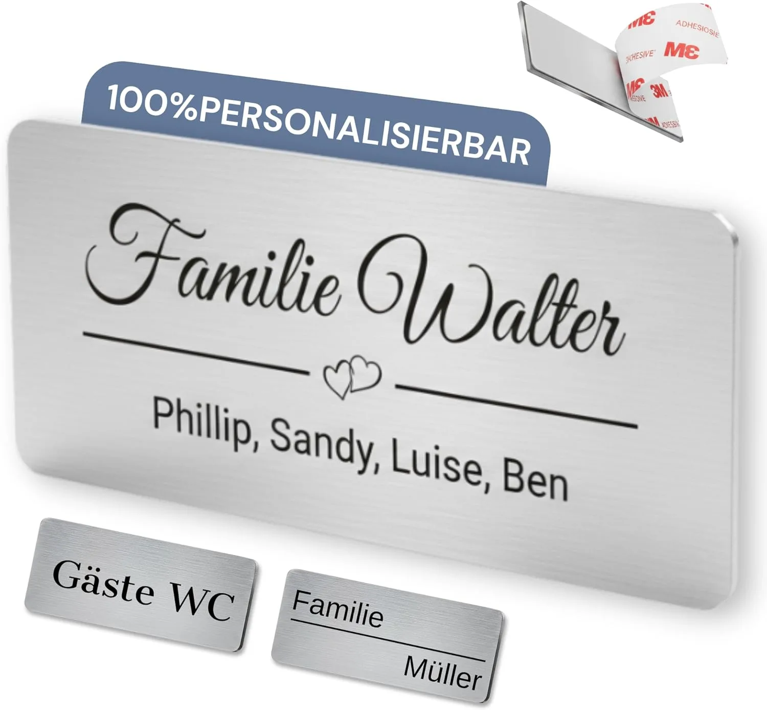 SMARTEON Personalisierte Namensschilder für Briefkasten aus Edelstahl, Klingelschild & Haustür – selbstklebendes Türschild mit Gravur, wetterfestes Briefkastenschild, Namensschild Klingel mit Logo