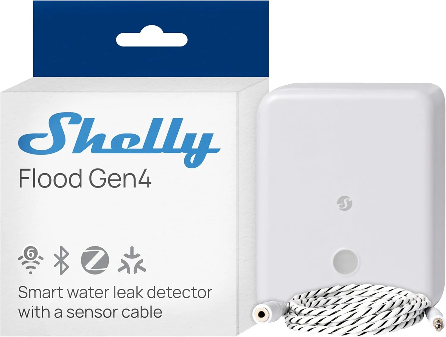 Shelly Flood Gen4 - Smarter Matter Wassersensor mit Leck-Sensorkabel, IP44, Flut- & Regenerkennung, Anpassbare Alarmstufen, Leckerkennung, Zeitschaltuhr, Alexa, Google Home & Zigbee