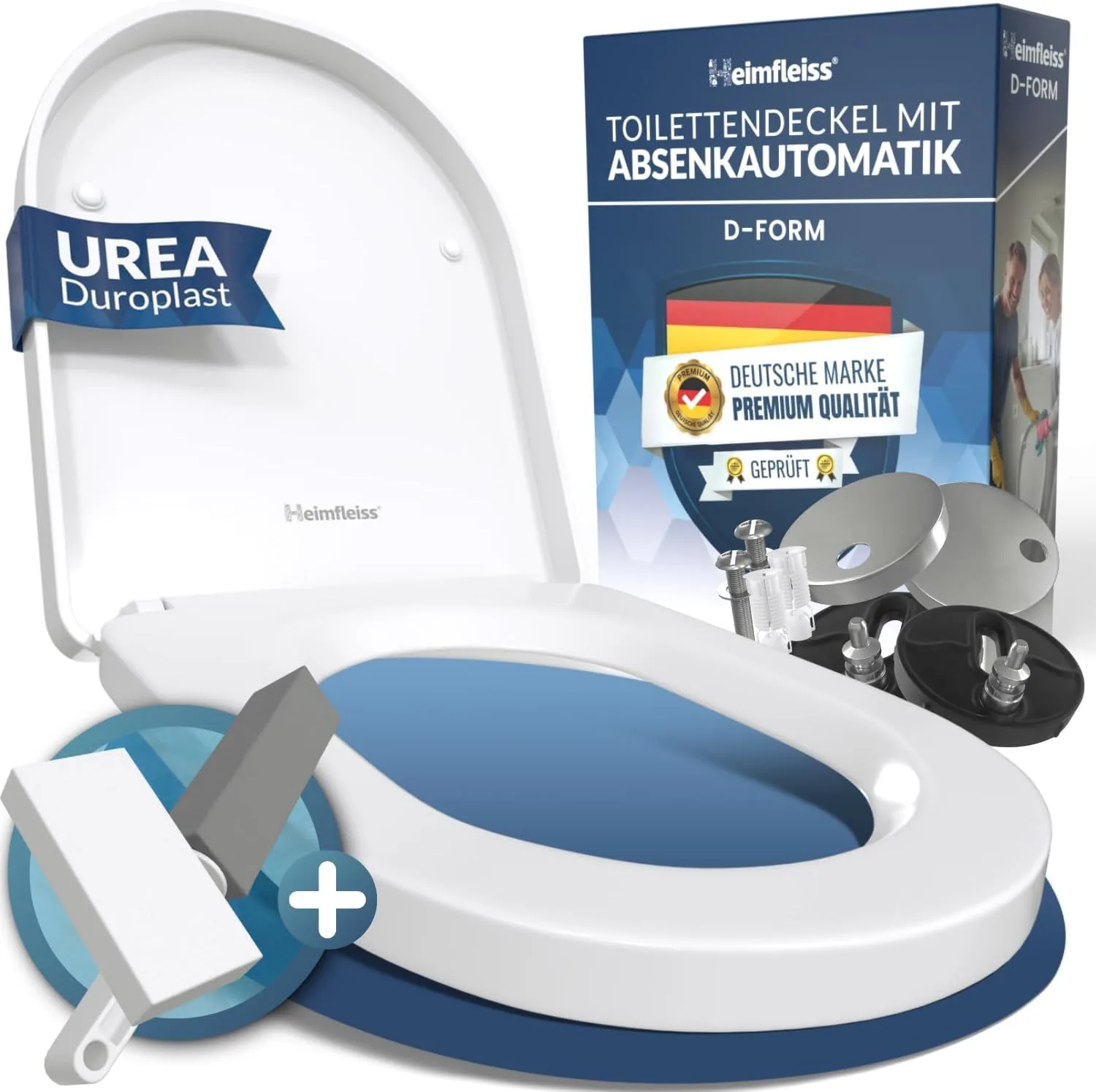Heimfleiss® Toilettendeckel mit Absenkautomatik D-Form + Montageset | Duroplast WC Sitz mit Absenkautomatik D Form | Absenkbarer Klodeckel Weiß mit Softclose Funktion | Klobrille Toilettensitz Klositz