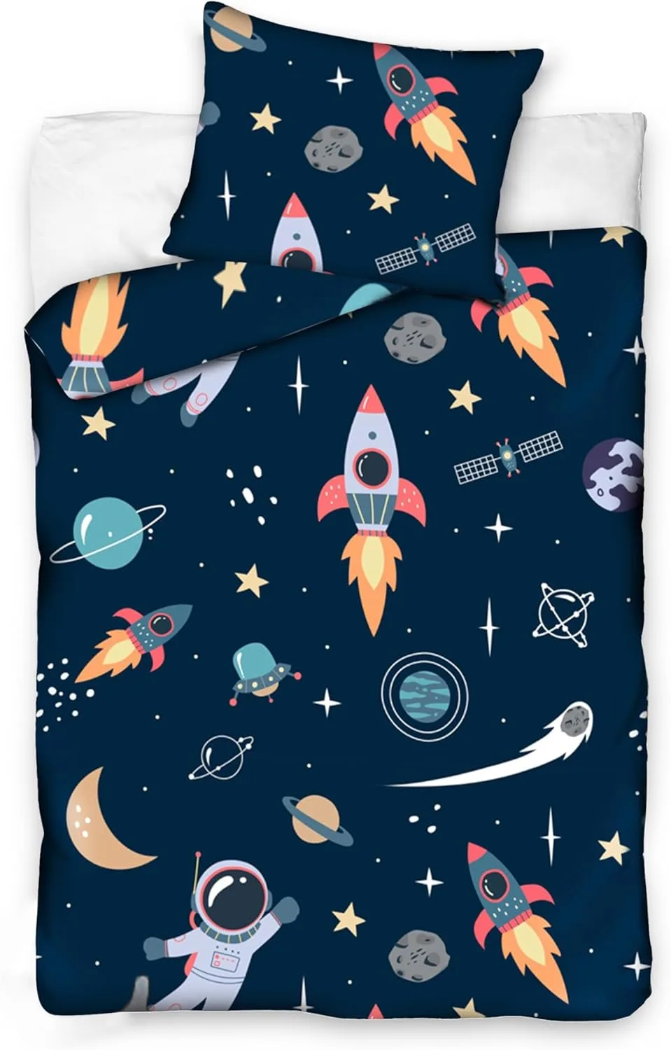 Kinderbettwäsche 100x135 aus 100% Baumwolle mit Weltraum Astronaut Motiven - Kinder Bettwäsche und Baby Bettwäsche Set für Jungen mit Kopfkissen- und Bettdeckenbezug (100 x 135 und 40 x 60)