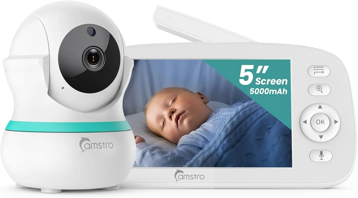 CAMSTRO Babyphone mit Kamera, 5000 mAh Akku mit 5 Zoll Bildschirm, 355° Schwenken- 4X-Digital-Zoom, Babyfone ohne WLAN, 2 Wege Audio, Weinen/Geräuscherkennung, 5 Schlaflieder, Nachtsicht