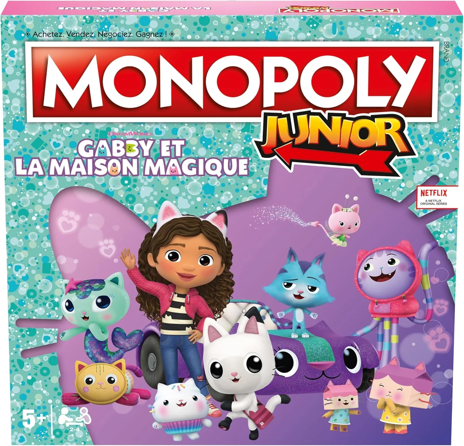 Winning Moves - Monopoly Junior Gabby und das Zauberhaus (Gabby's Dollhouse) – Gesellschaftsspiel – Brettspiel – ab 5 Jahren – 2 bis 4 Spieler – französische Version