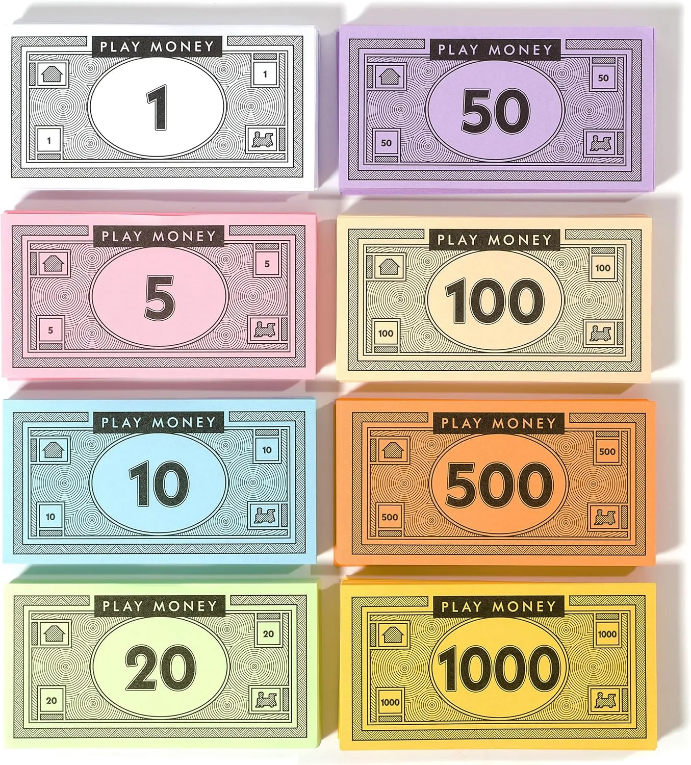 Opoly Spielgeld - 520 Stück Geld für Brettspiele - 65 Stück von jeder Rechnung in 8 Stückelungen – $1, 5, 10, 20, 50, 100, 500, & $1000 - Papiergeld für Rollenspielkassierer, Nachfüllpackungen