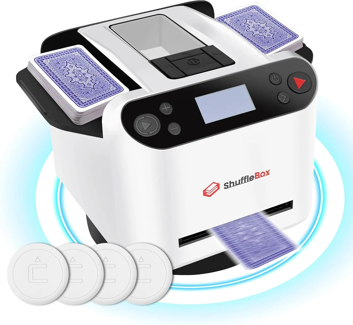 ShuffleBox G1 Pro Automatische Kartenmischer und Kartensender 2 in 1,Ultra leise,für UNO, Taco Cat Ziegenkäse Pizza, fünf Kronen, Monopoly Deal, Bycicle und Maverick Karte (weiß)