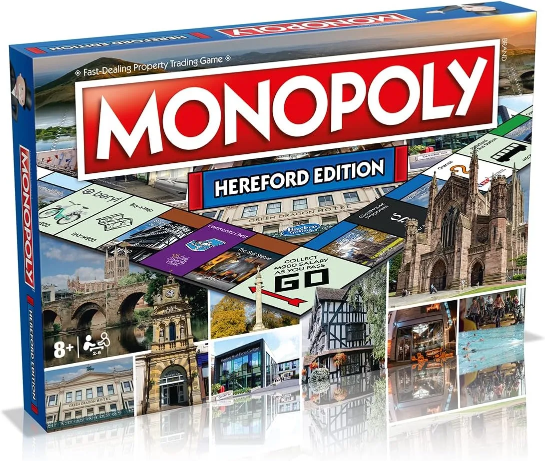 Winning Moves Hereford Monopoly-Brettspiel, Advance to the Bull Statue, Black and White House Museum and the Old Wye Bridge, 2-6 players makes a great gift for ages 8 plus