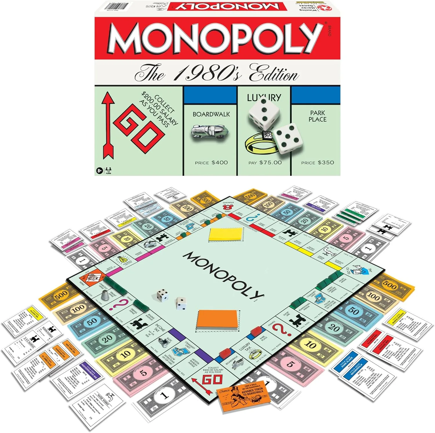 Monopoly Die 1980er-Jahre Edition mit Original-Kunstwerk und Komponenten der 1980er Jahre, inkl. Allen klassischen Spielsteinen, von Winning Moves Games USA, klassisches Familien-Brettspiel mit