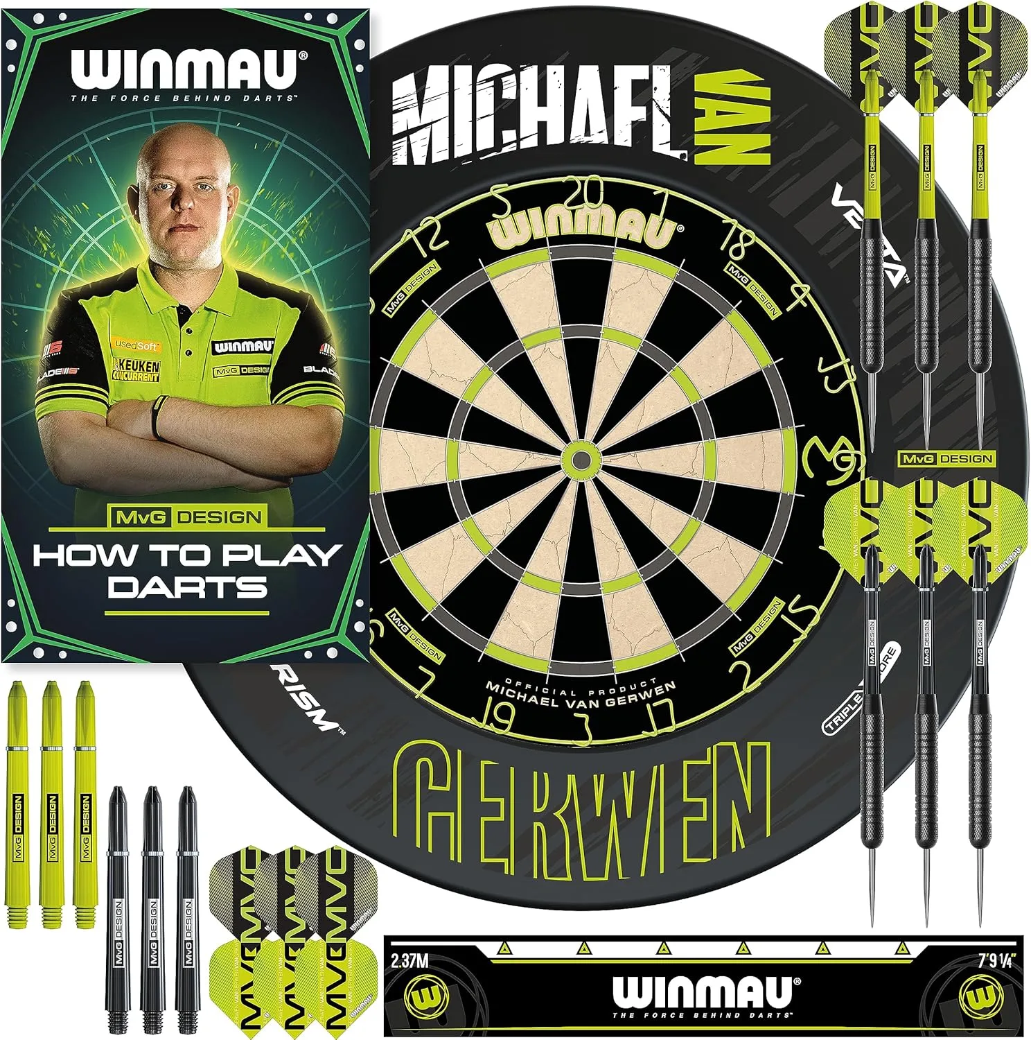WINMAU Michael Van Gerwen MvG-Sets erhältlich mit Dartboards, Schränken, Umrandungen, Darts und Zubehör