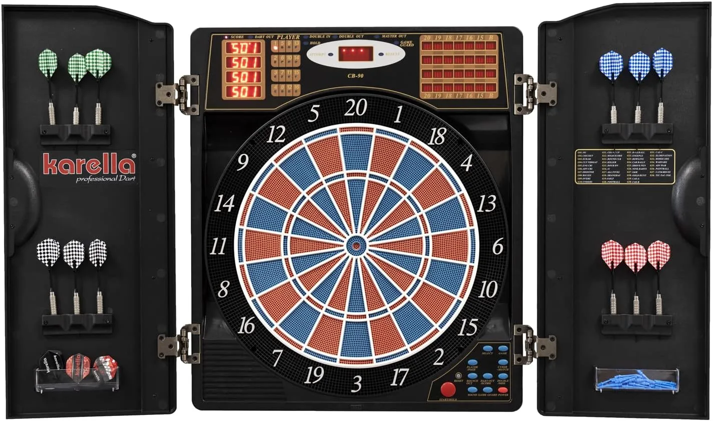 Dartautomat Karella CB-90 im Cabinet, elektronische Dartscheibe mit 38 Spielen und 211 Varianten, exakte Turniermaße in 2-Loch-Ausführung, inkl. 12 Softdarts