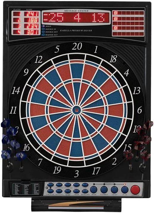 Dartautomat Premium Silver, elektronische Dartscheibe mit High-End Level 41 Spiele, Profi 2-Loch Turnierausführung, LED-Anzeigen, inkl. 12 Softdarts