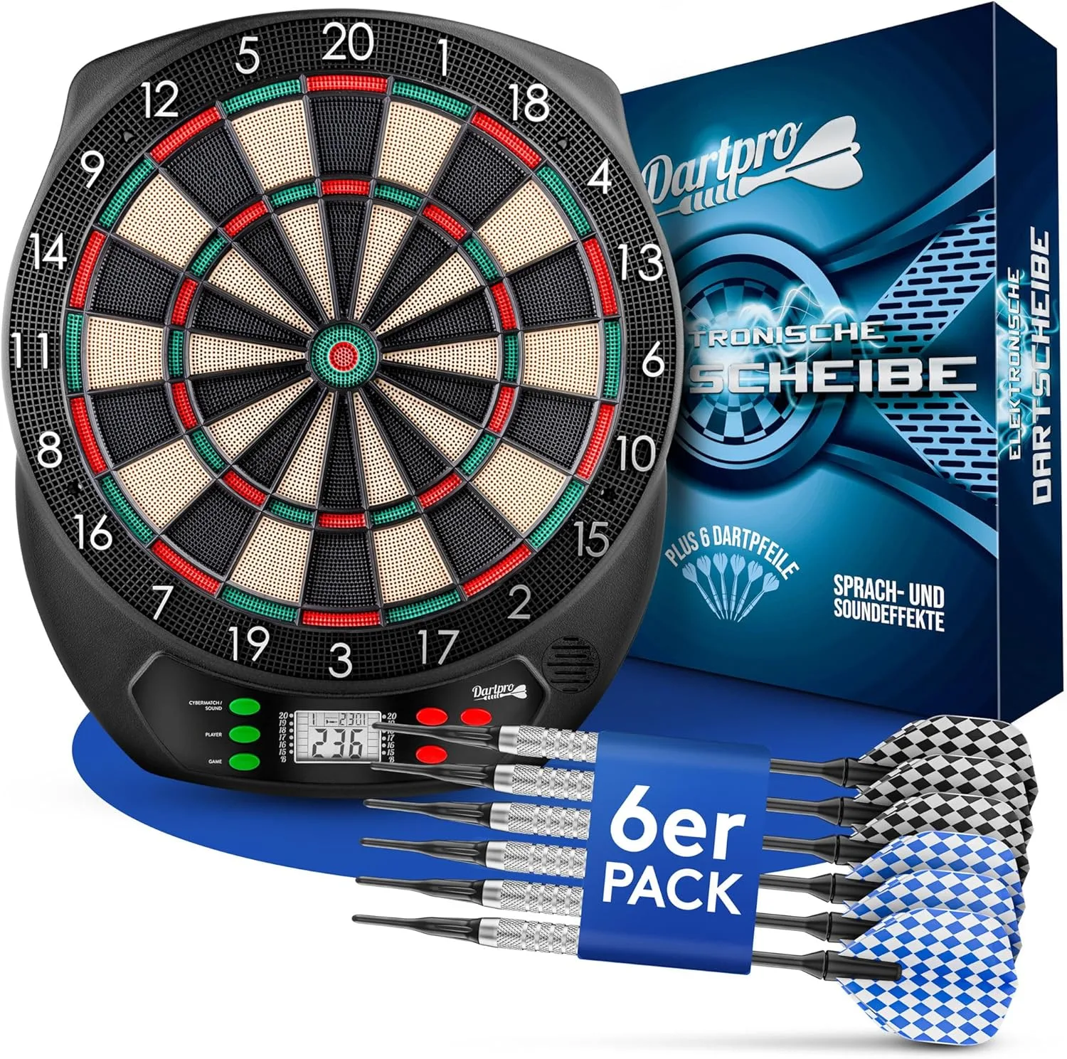 DartPro [DAS ORIGINAL] - Elektronische Dartscheibe Profi - Dartboard mit 6 Darts [kabellos nutzbar] - Innovativer Dartautomat mit 65 Varianten - Double IN & Double Out - für 1 bis 8 Spieler