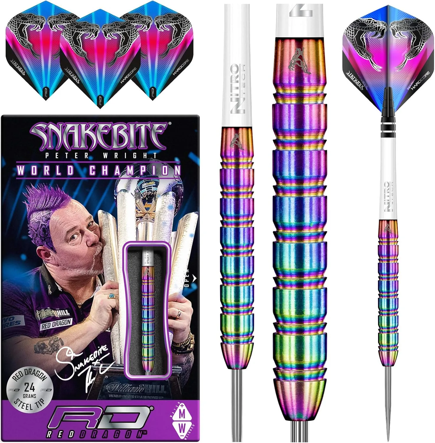 RED DRAGON Peter Wright Snakebite 1 Professional Darts Wolfram Dartset mit Flüge und Shafts