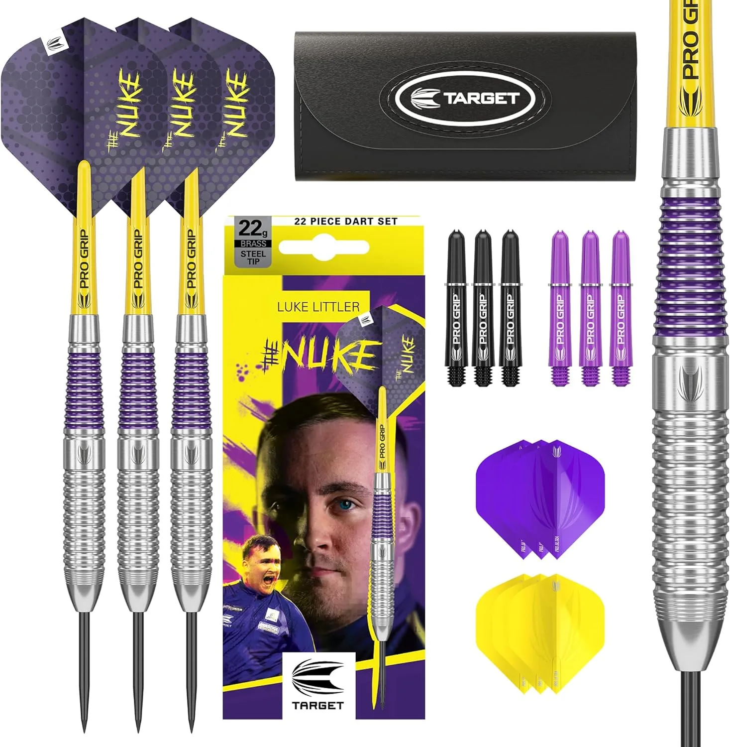 Target Darts Luke Littler Set – 22G Steel Tip Brass Darts oder 85-teiliges Dartzubehör-Set | Die Nuke Player Edition Professional Darts & Zubehör, Pro Grip Dartschäfte, Pro Ultra Flights