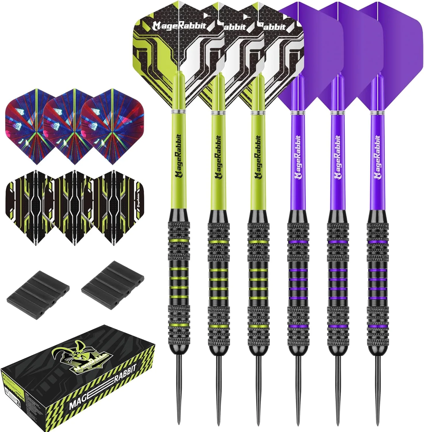 MageRabbit Dartpfeile mit Metallspitze, 6 Stück Professionelle SteelDarts mit 12 Dart-Flights
