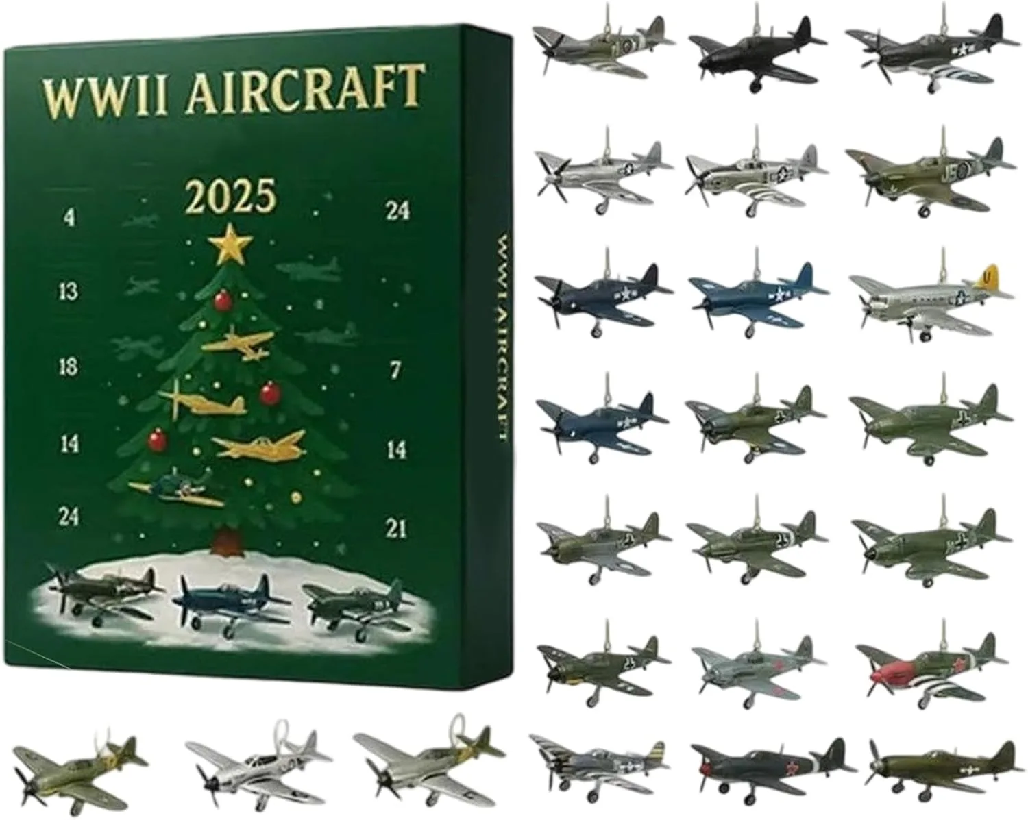 WW2 Flugzeug Adventskalender 2025, 24 Tage WW2 Kampfjets Weihnachts Countdown Kalender Set, Zweiter Weltkrieg Jagdflugzeug Ornament Adventskalender Mit 24 Mini Warbirds Für Frauen Männer Kinder
