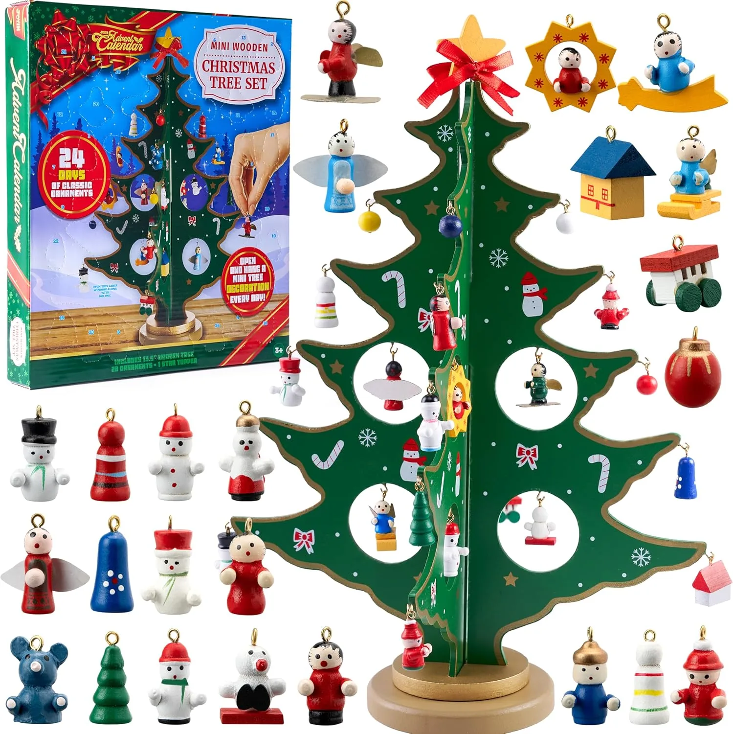 JOYIN Weihnachts-Adventskalender mit 24 Tagen Countdown, mit einem hölzernen Tischweihnachtsbaum und 28 Ornamenten, Schneemann