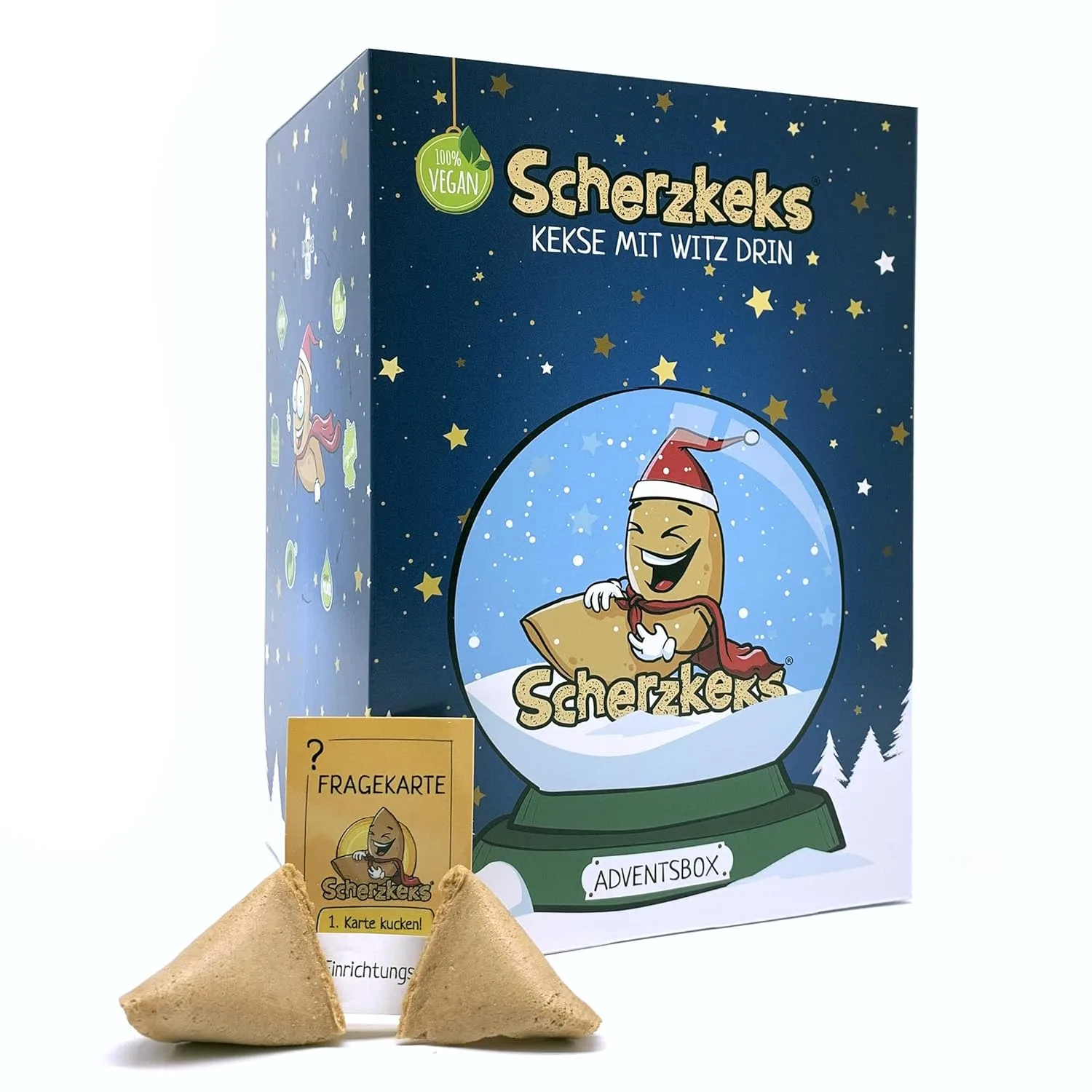 Scherzkeks Adventsbox mit 24 Keksen | Glückskekse mit lustigen Fragen & Antworten in dekorativer Weihnachtsbox, als Adventskalender, zu Weihnachten, Nikolaus, zum Wichteln, Silvester, Geschenk Set