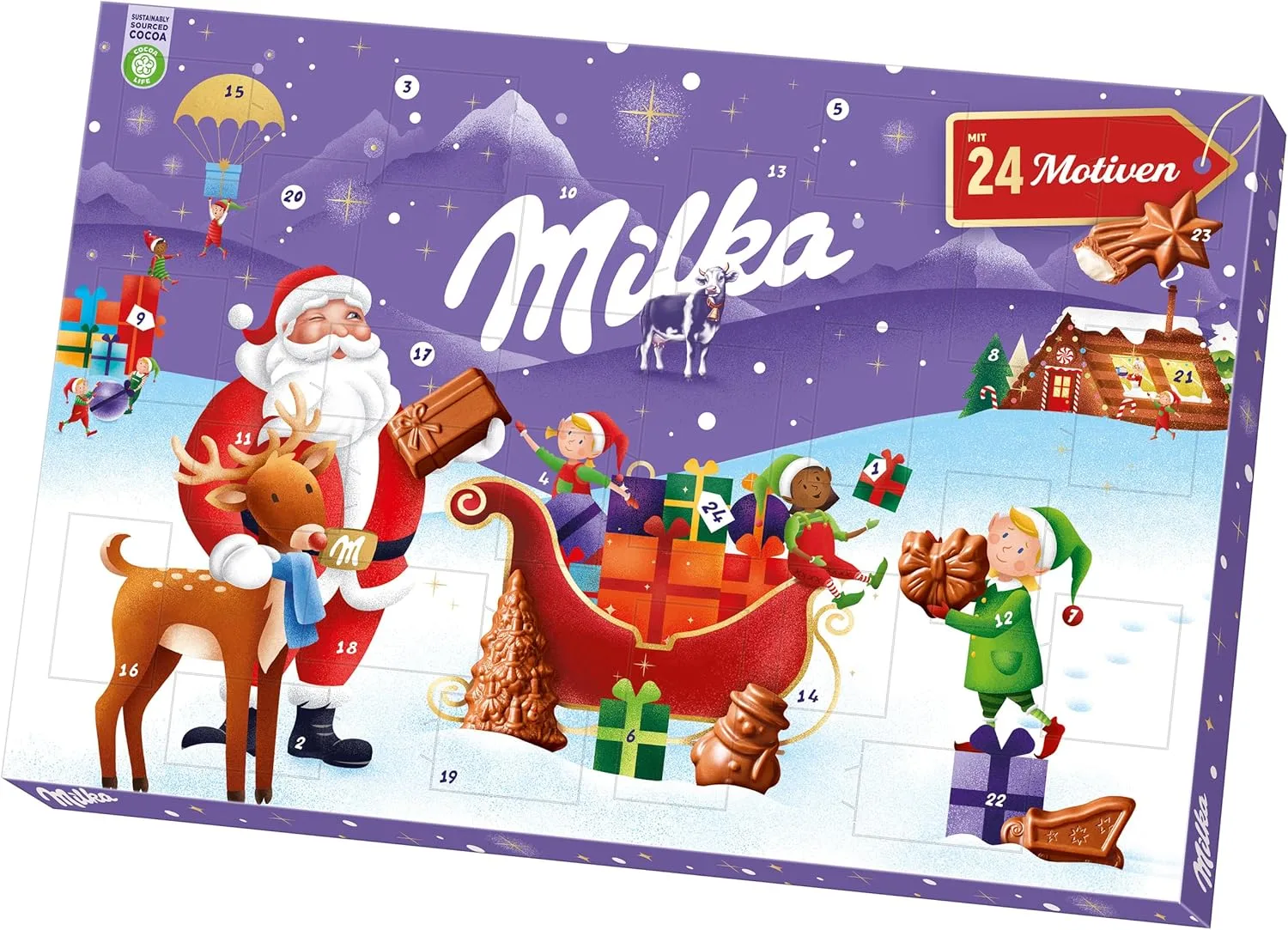 Milka Adventskalender mit gefüllten Schokofiguren aus Alpenmilch-Schokolade & Milchcrème – 24 Türchen – 200g