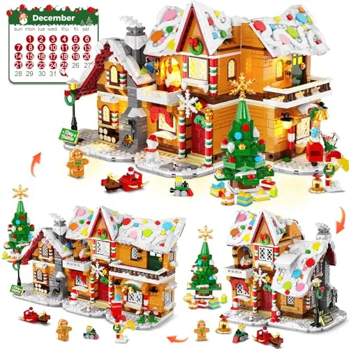 HOGOKIDS Adventskalender 2025 Lebkuchenhaus Mini Bauspielzeug mit Lichtern, 24-Tage Weihnachten Countdown 3 Stil Weihnachtsdorf klemmbausteine Geschenk für Erwachsene Kinder Mädchen Jungen ab 10+