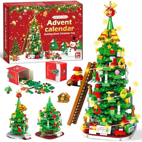 Adventskalender 2025 Kinder,Weihnachtsbaum Bausteine für Erwachsene – 24 Kartons Countdown Kalender mit LED Lichterkette, 888+ Teile Bauset, Kreatives Weihnachts geschenk für Jungen & Mädchen