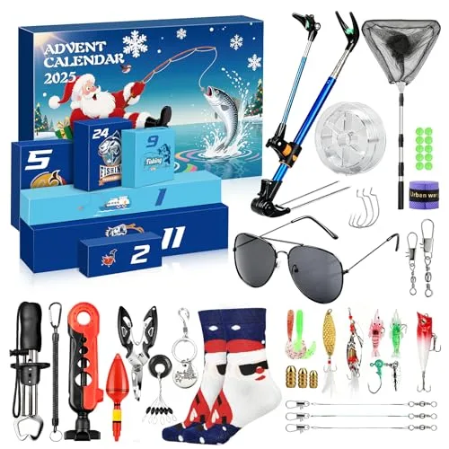 Angel Adventskalender 2025 Männer Teenager Junge - 24 Tage Weihnachts-Countdown Adventskalender Angeln mit Ködern, Angelhaken und Werkzeug-Set, Angelkalender für Einsteiger im Angeln
