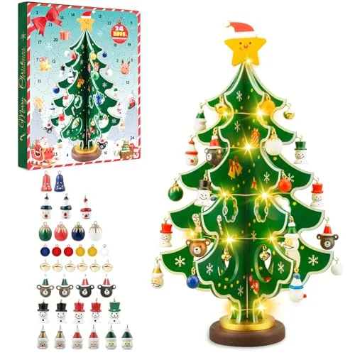 Dalugo Adventskalender 2025, 24 Tage Countdown Adventskalender Hölzerner Weihnachtsbaum mit Lichterkette und 28 Mini-Ornamenten für Weihnachten Tischdekoration Party Gastgeschenke