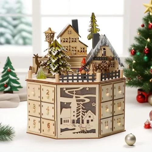 Adventskalender aus Holz mit 24 Schubladen, Weihnachtskalender mit LED-Lichtern und Musik-Sound, Countdown-Kalender-Ornament, Weihnachtsdeko Geschenk Geeignet für Büros, Häuser (Gelb)