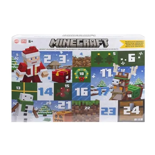 Mattel Minecraft-Adventskalender, 3 maßstabsgetreue, ca. 8 cm große Actionfiguren, einschließlich Weihnachtsmann, 17 Zubehörteile und 4 Aufkleber, pixeliges Design, HXM86