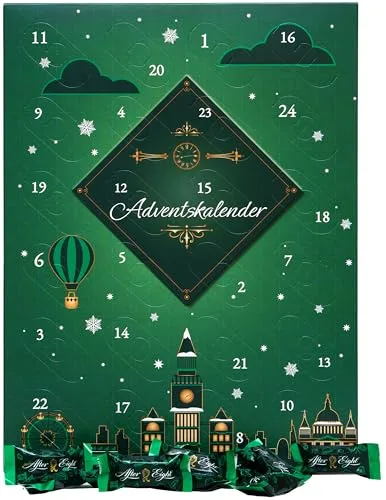 Adventskalender 2025 mit Schokoladenfiguren mit Minzfüllung, London-Design, Winter Pralinés, Pralinen glutenfrei aus dunkler Schokolade, Weihnachtskalender für Minz-Liebhaber, 1er Pack (1 x 196g)