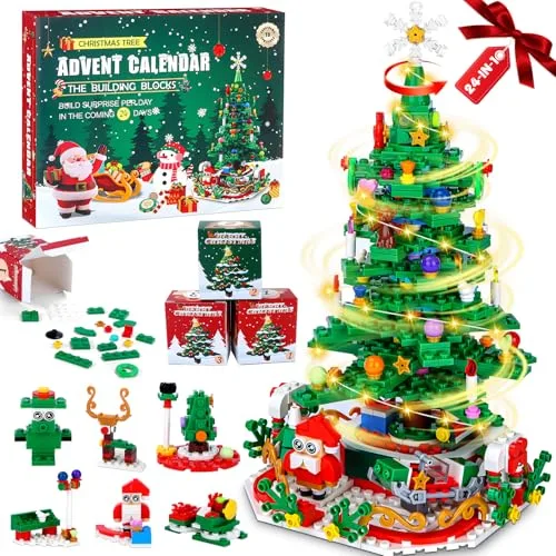 YOOHBERRYS Adventskalender 2025 Kinder, Klemmbausteine Adventskalender Weihnachtsbaum 24 in 1 Drehbar, 701 Pcs Weihnachtsbaum Bausteine mit LED-Licht, Weihnachten Geschenk Spielzeug für Jungen Mädchen