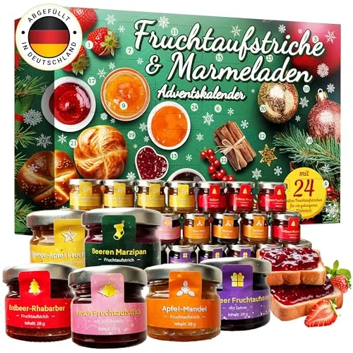 Adventskalender Frühstücksgläschen 2025 mit 24 köstlichen und abwechslungsreichen Marmeladen, Konfitüren und süßen Aufstrichen in Gläsern, Weihnachtskalender Geschenkset