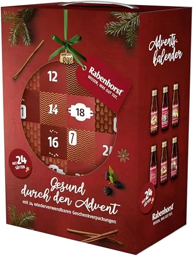 RABENHORST Saft Adventskalender 2025 – 24 hochwertige Direktsäfte in Glasflaschen (12 verschiedene Sorten) – Vegan, ohne Zuckerzusatz – Gesunder Adventskalender für Kinder und Erwachsene
