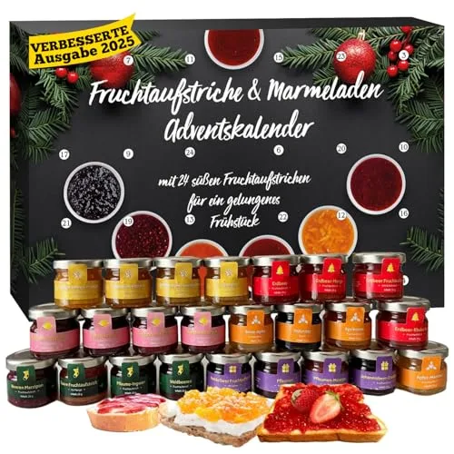 Adventskalender 2025 Marmelade mit 24 leckeren und süßen Fruchtaufstrichen im Frühstücksgläschen á 28g, Marmeladen Feinkost Frühstück Adventskalender 2025, Frühstückskalender für Weihnachten