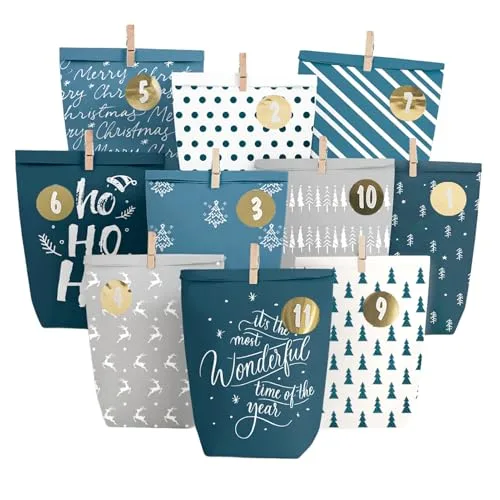 Adventskalender zum Befüllen, 24 Adventstüten zum Basteln, Weihnachtskalender zum Selbstbefüllen, Bedruckt Weihnachtstüten mit Zahlenaufkleber zum selber befuellbar (Blau-Grau)