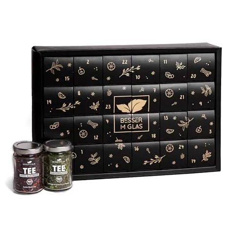 Besser im Glas Bio Tee Adventskalender 2025 | 24 Gourmet Teesorten nachhaltig verpackt | natürlich süß, vegan, ohne Zucker & ohne Kalorien | Tee Geschenk | Zitronentee, Früchtetee & Kräutertee lose