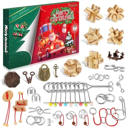 FORMIZON Adventskalender 2025 Knobelspiele für Kinder Erwachsene, 24 Tage von Weihnachtskalender Countdown mit Metall Knobelei und 3D Holzk Puzzle, Weihnachts Rätsel Geschenke für Jungen Mädchen